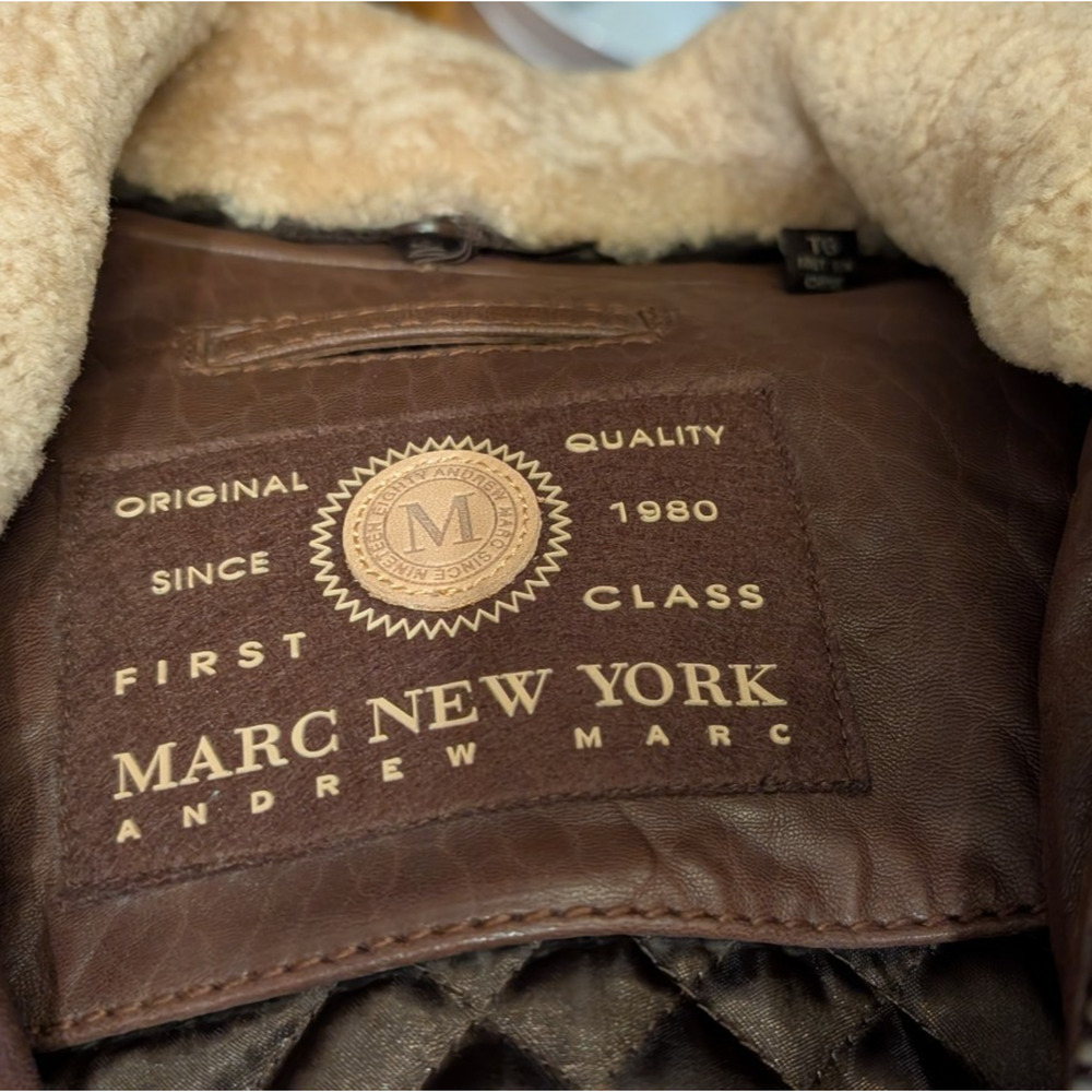 ANDREW MARC NEW YORK Leather Bomber Jacket Faux Shearling Collar BROWN XL - Picture 7 of 10